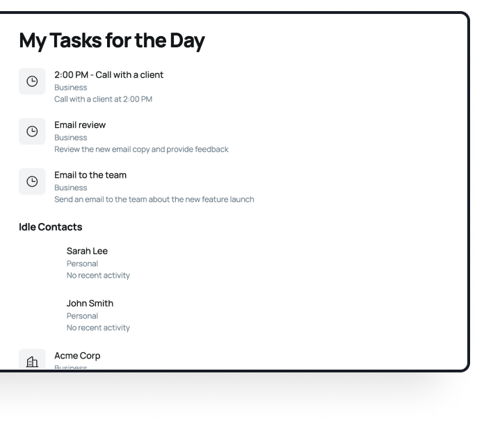 Screenshot of My Tasks for the Day with tasks and idle contacts