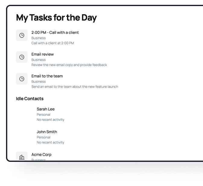 Screenshot of My Tasks for the Day with tasks and idle contacts