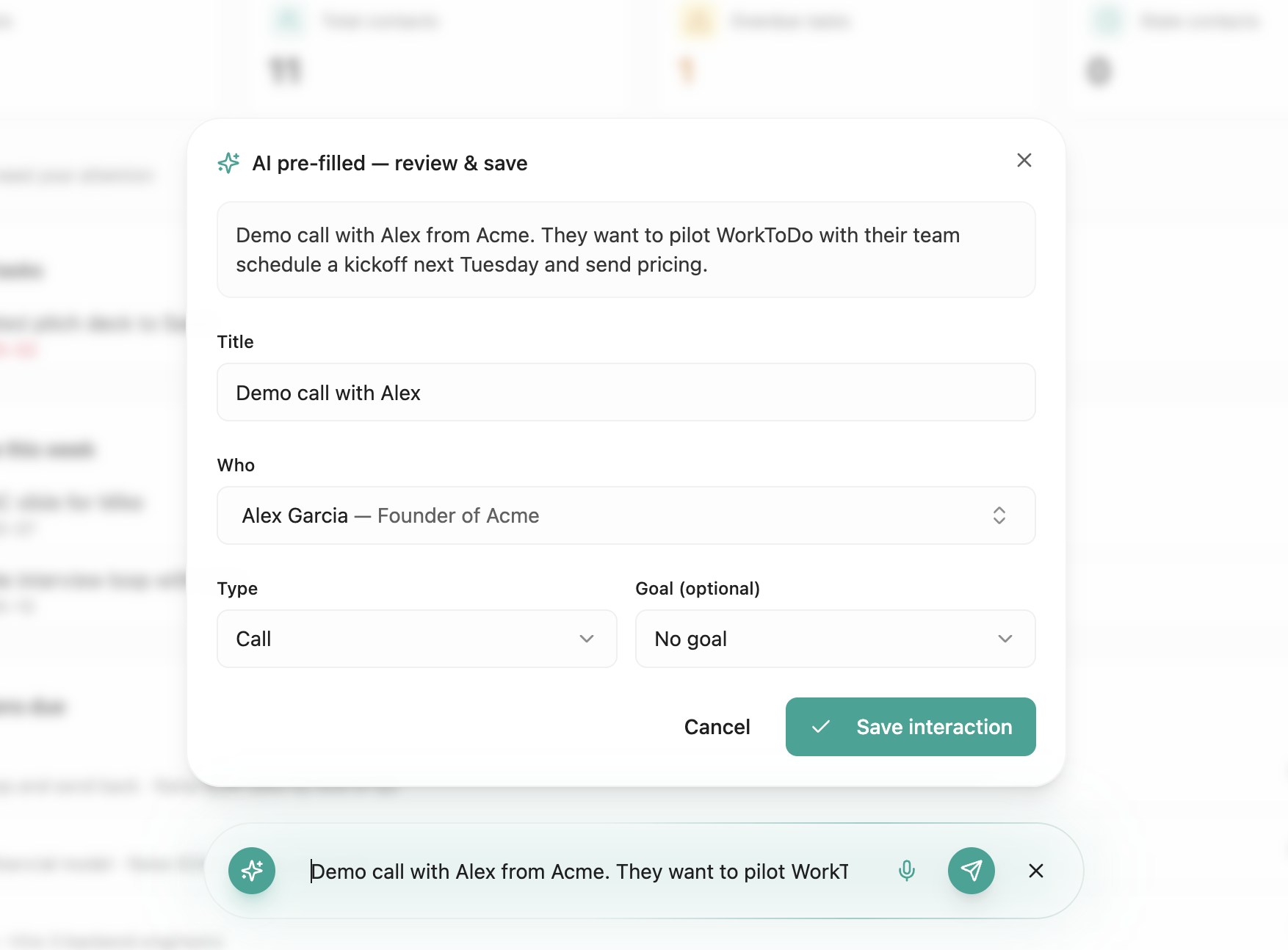 WorkToDo AI capture widget showing voice-to-structured-note in seconds