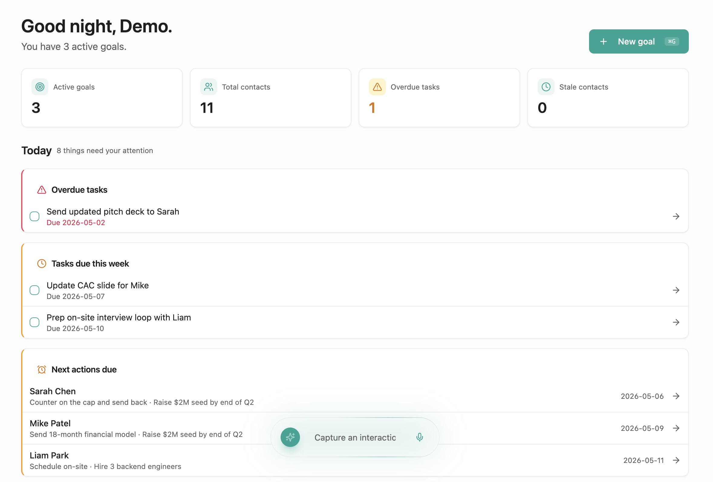 WorkToDo Today panel showing overdue tasks, due this week, next actions, and contacts to reach across every goal